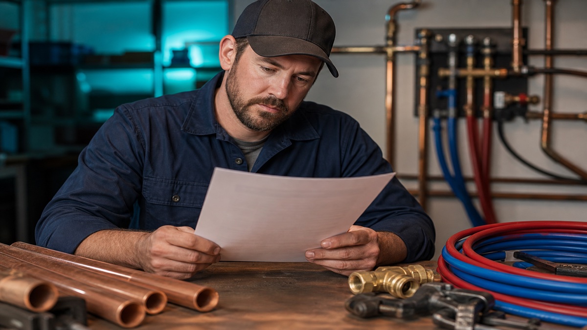 Licensed plumber reviewing a resume beside copper pipe PEX tubing and pipe wrenches in a residential bathroom renovation