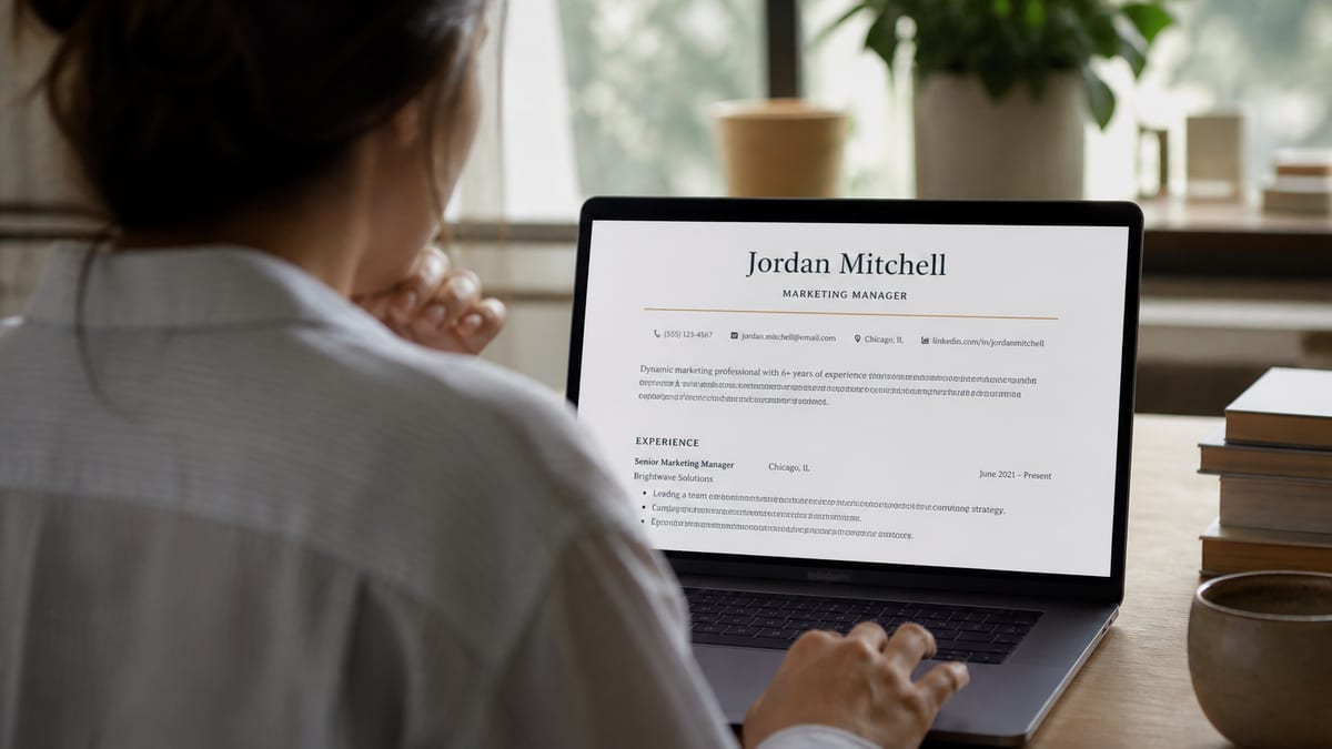 Close-up of a resume header being edited on a laptop