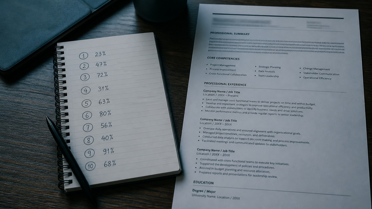 Notebook with circled metrics next to a resume showing duty-style bullets