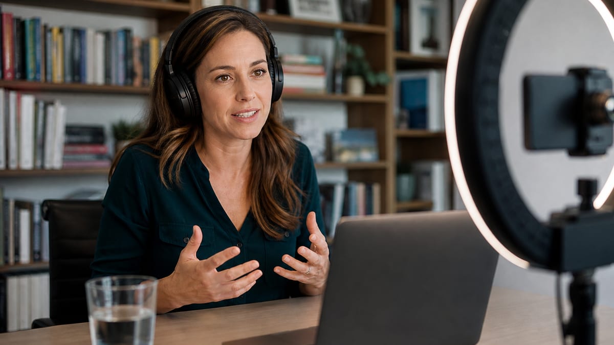 Remote interview setup with ring light, laptop webcam, and headphones