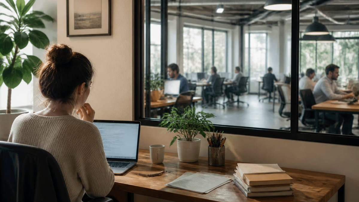 Home desk in the foreground with a glass office visible through a window