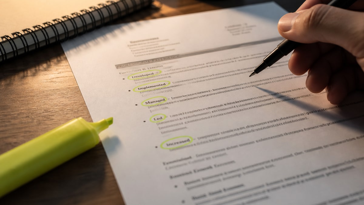 Categorized list of resume action verbs grouped under labeled headings like leadership, results, and technical on a document layout