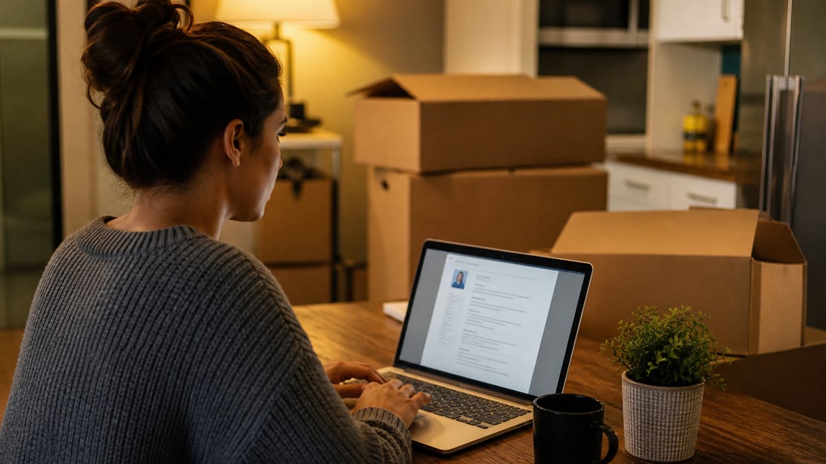 Person updating a resume at a kitchen table with moving boxes nearby