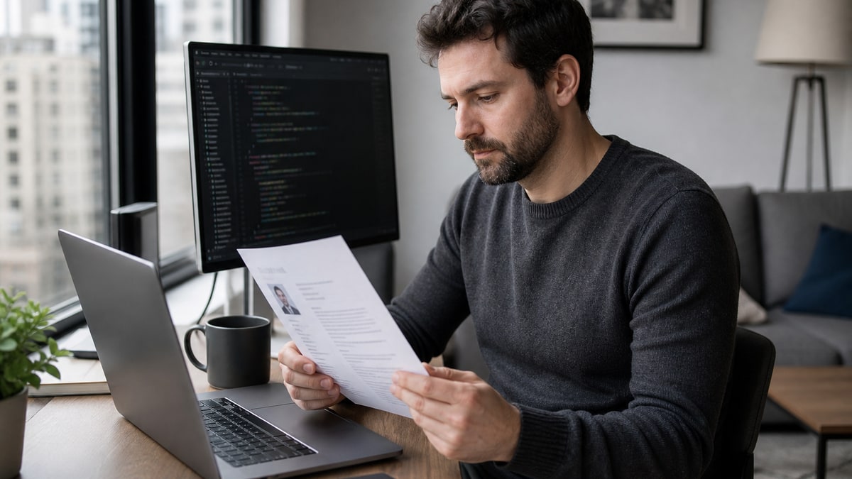 Software engineer restructuring a resume document on a laptop after a tech company layoff, with GitHub and LinkedIn tabs open