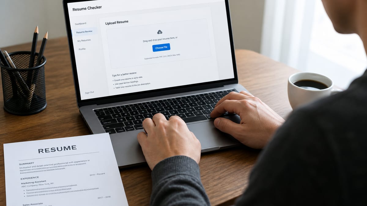 Person uploading a resume into a checker on a laptop