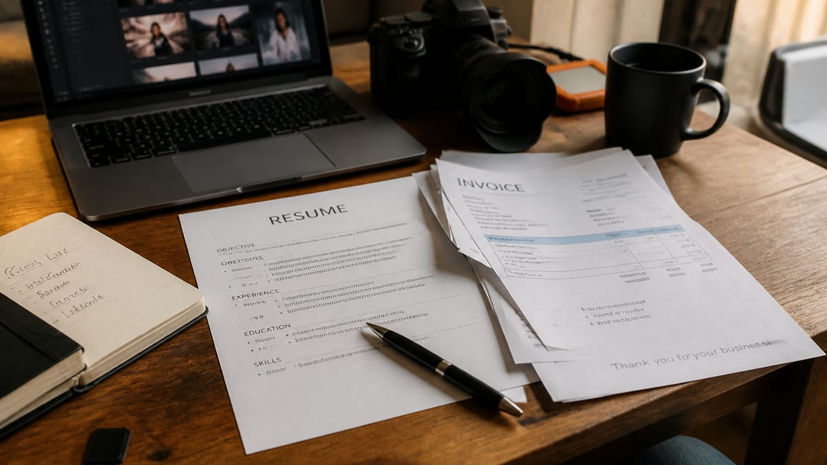 Freelance desk mixing a camera, laptop, and a printed resume