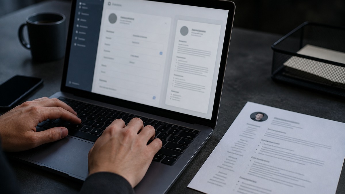 Hands on a laptop using a simple resume builder interface, UI text blurred, printed resume beside it