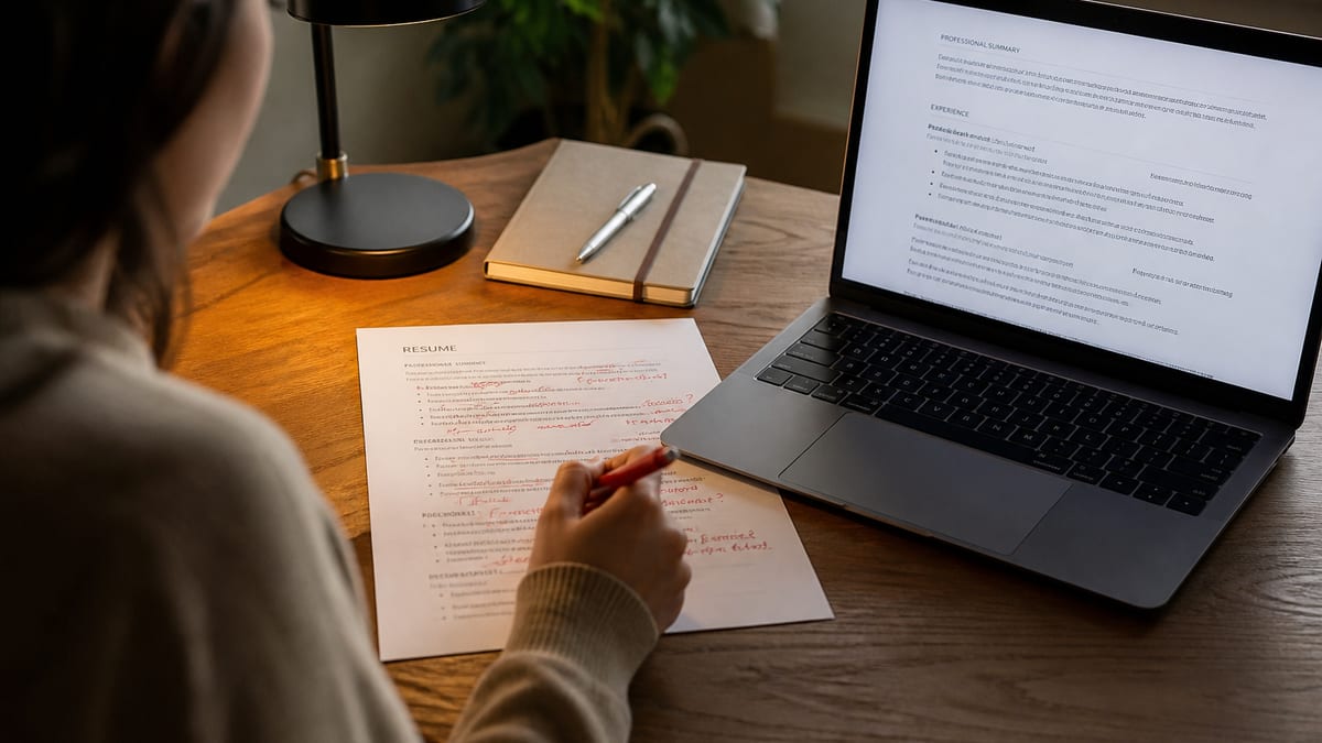 Person editing a printed resume draft with handwritten corrections