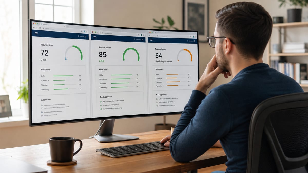 Large monitor with several resume-checker browser windows open