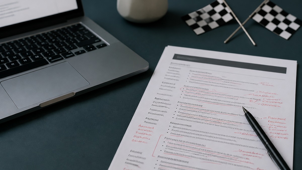 Laptop ATS checker flags list (blurred) beside a printed resume with handwritten correction notes