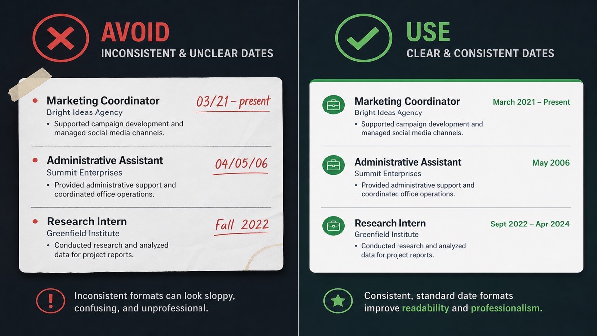 Before and after comparison of resume date formats showing numeric slash dates replaced with month-year style
