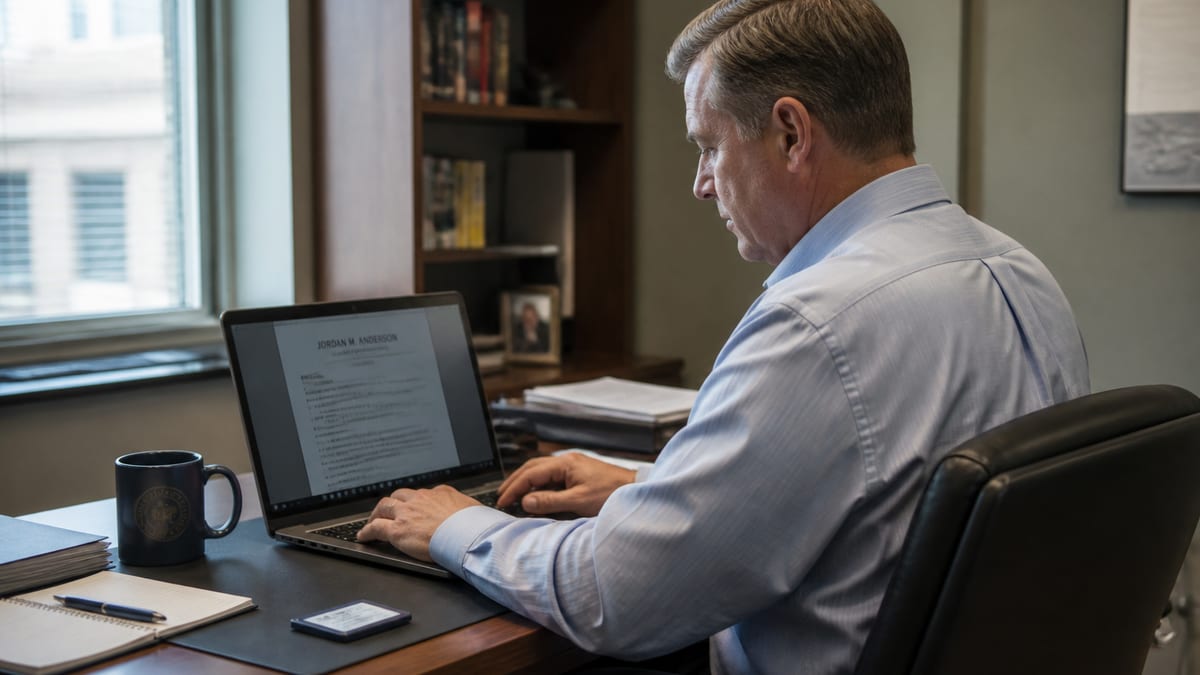 Professional reviewing a resume in a quiet office with a badge face-down