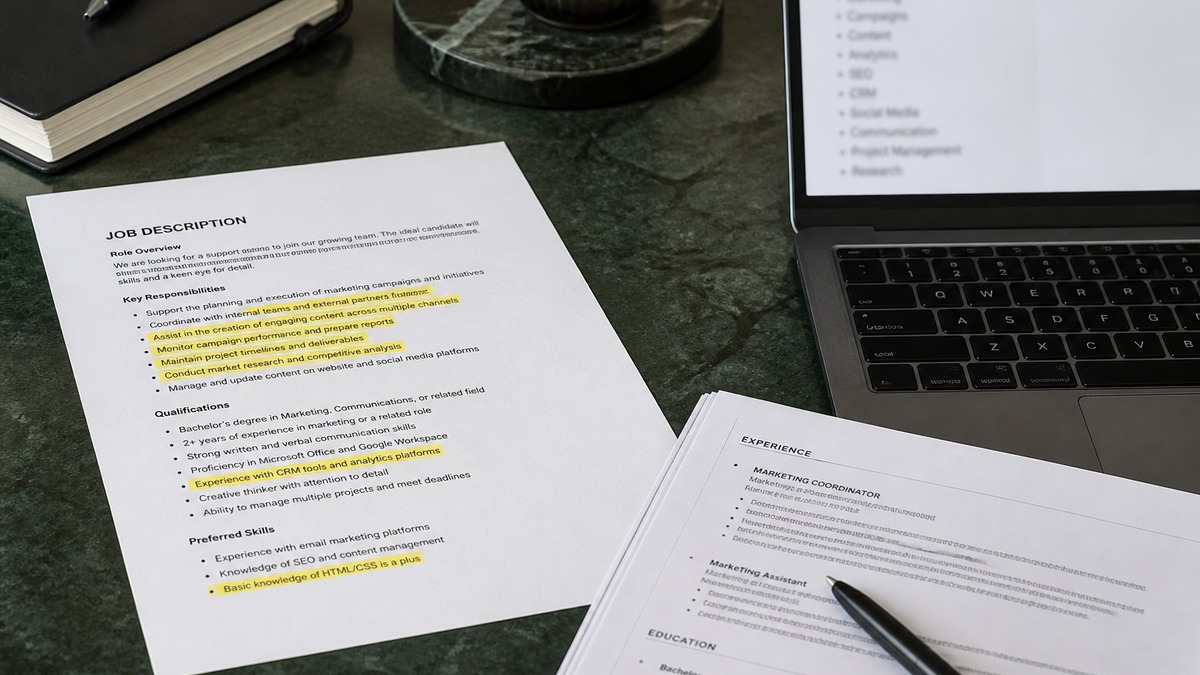 Printed job description highlighted beside a resume with a laptop keyword list
