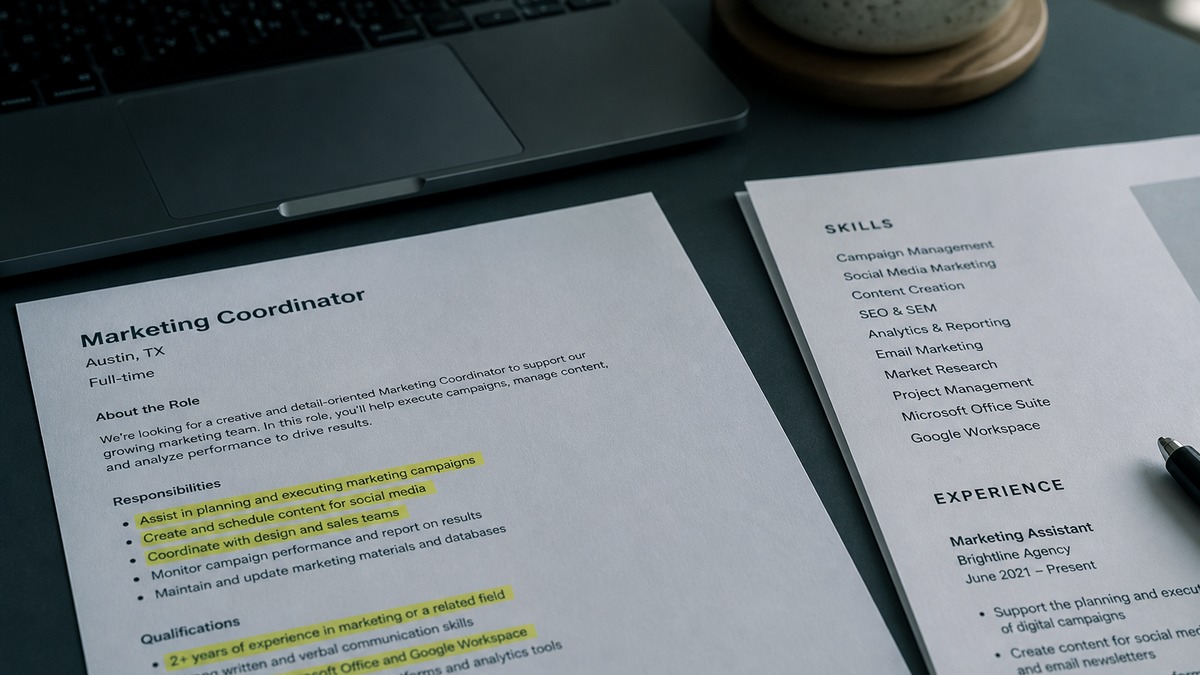 Highlighter on a printed job description next to a resume skills section