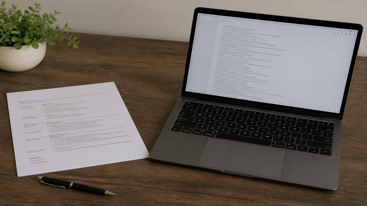 Diagram-like desk scene: resume going into a scanner/parser with extracted fields on a monitor, no readable titles