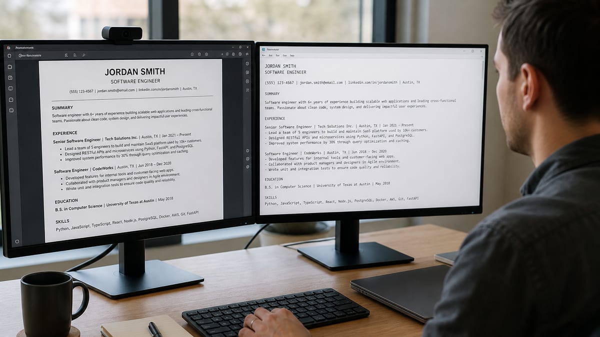 Dual monitors showing a formatted resume and a plain-text paste test