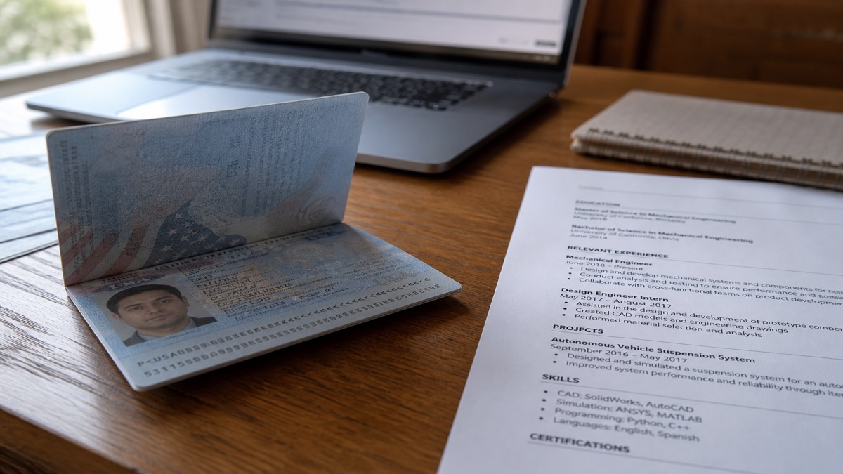 US letter-size resume beside a passport and laptop on a dark slate desk, no readable personal data