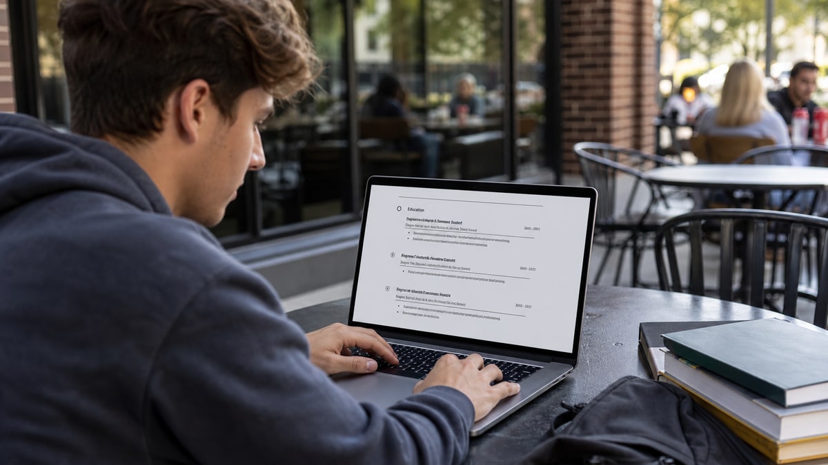 College student building a resume on a laptop with an education-first layout and a graduation cap icon on screen