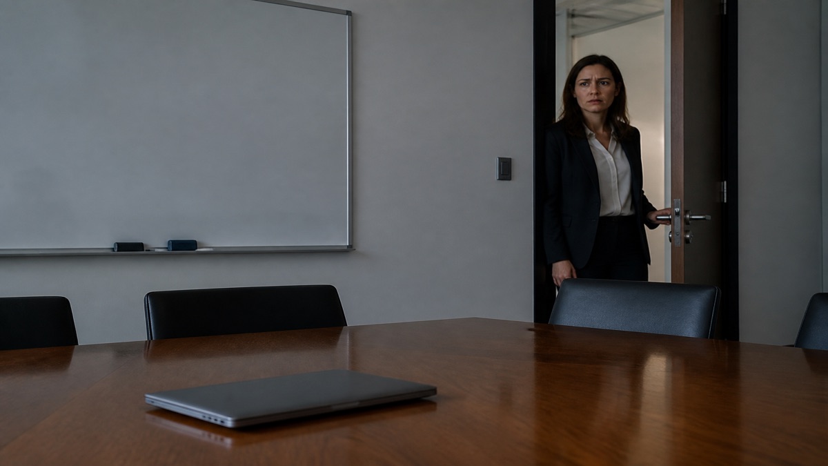 Empty conference room after a tense meeting
