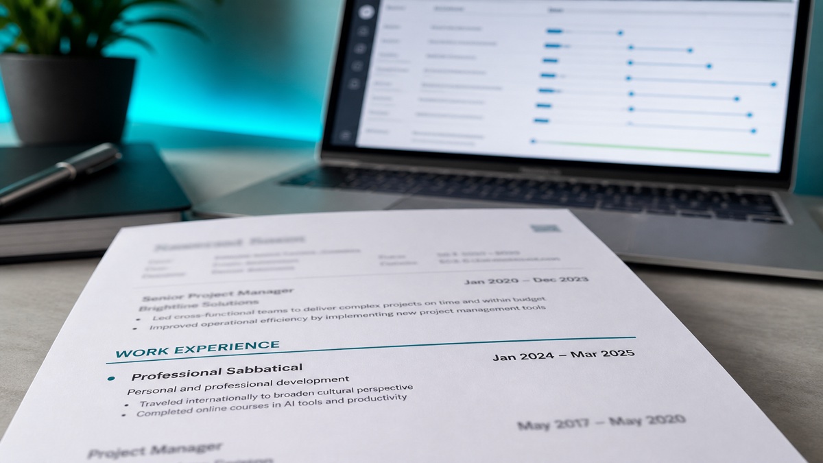Professional reviewing a resume with a labeled career break entry beside a laptop showing ATS timeline fields