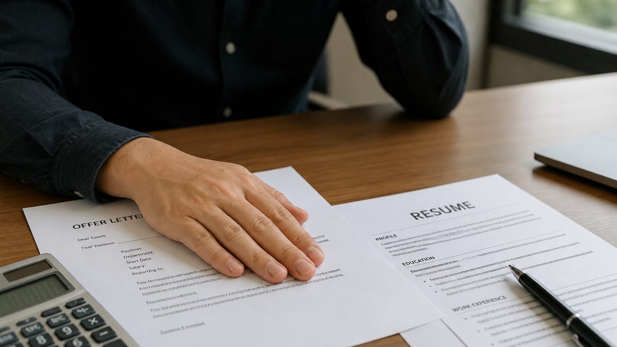 Offer letter and resume on a desk with a calculator