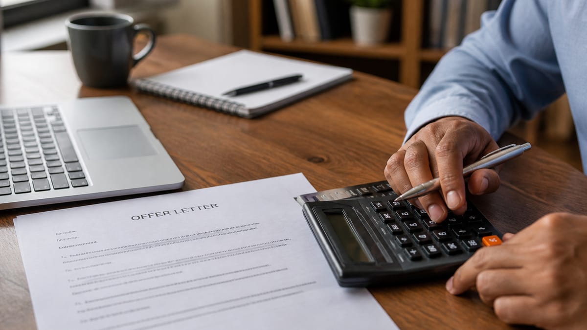 Offer letter and calculator on a desk as a candidate reviews the numbers