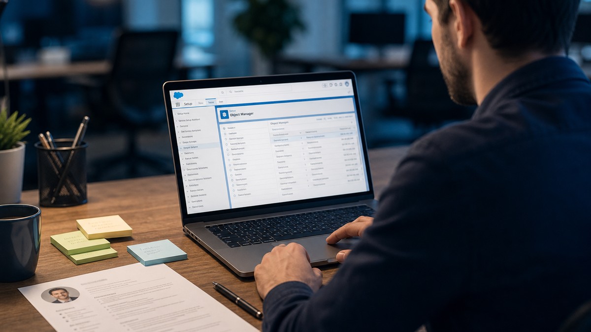 Salesforce administrator reviewing CRM settings next to a resume on a laptop