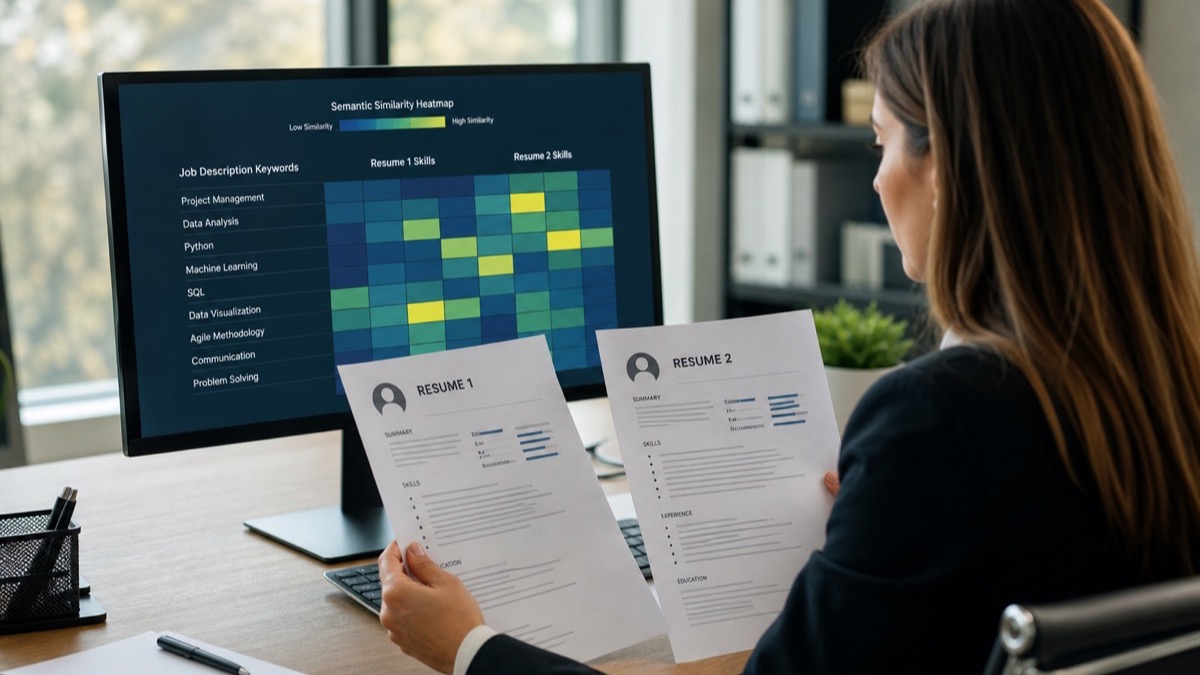 Recruiter comparing a job description and resume on screen with semantic skill mapping between related terms