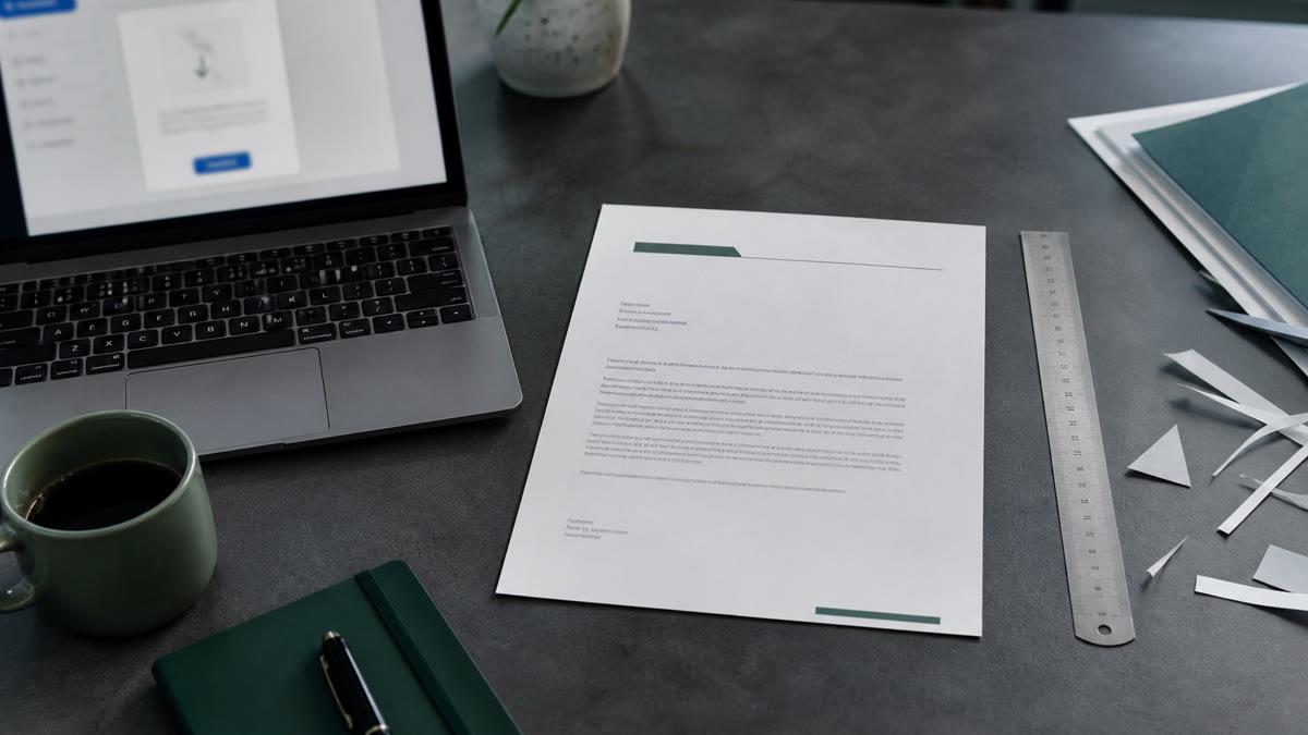 Printed one-page cover letter beside a ruler and trimmed paper scraps on a dark desk