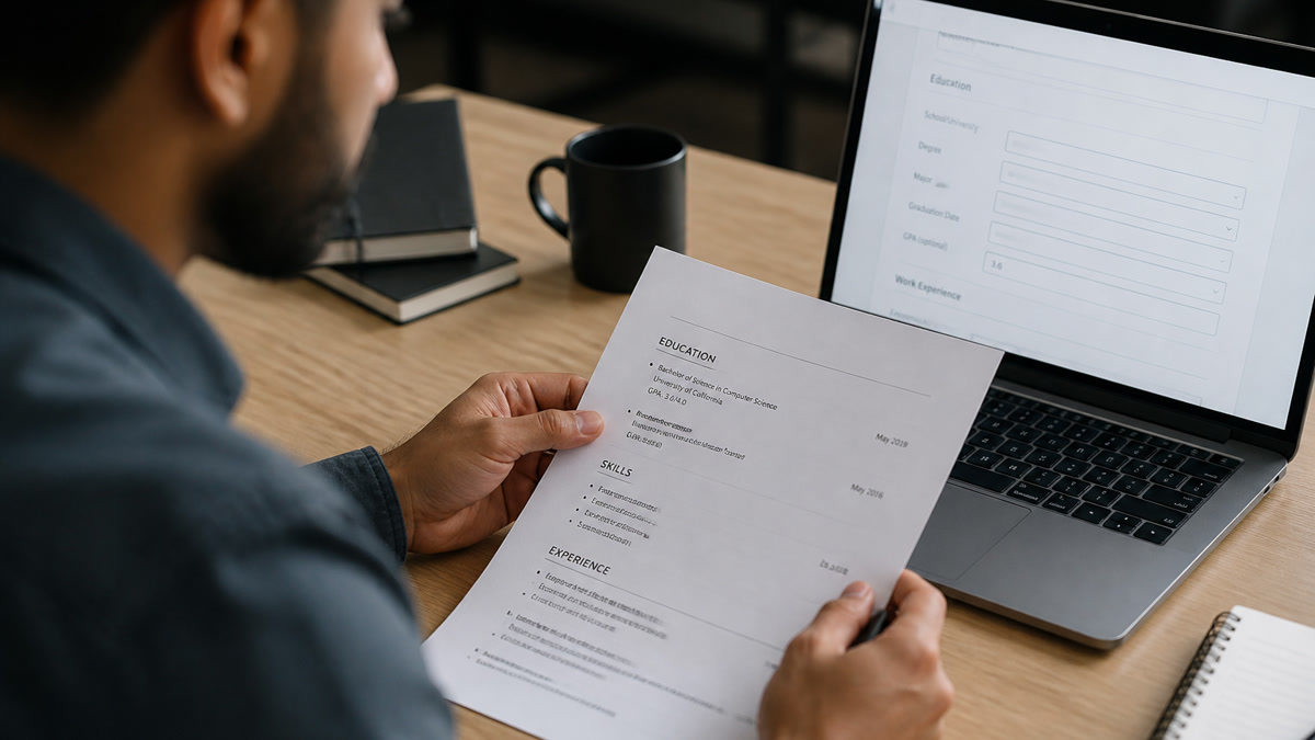 Graduate reviewing whether to list GPA on a resume next to a laptop showing an education section and ATS application form