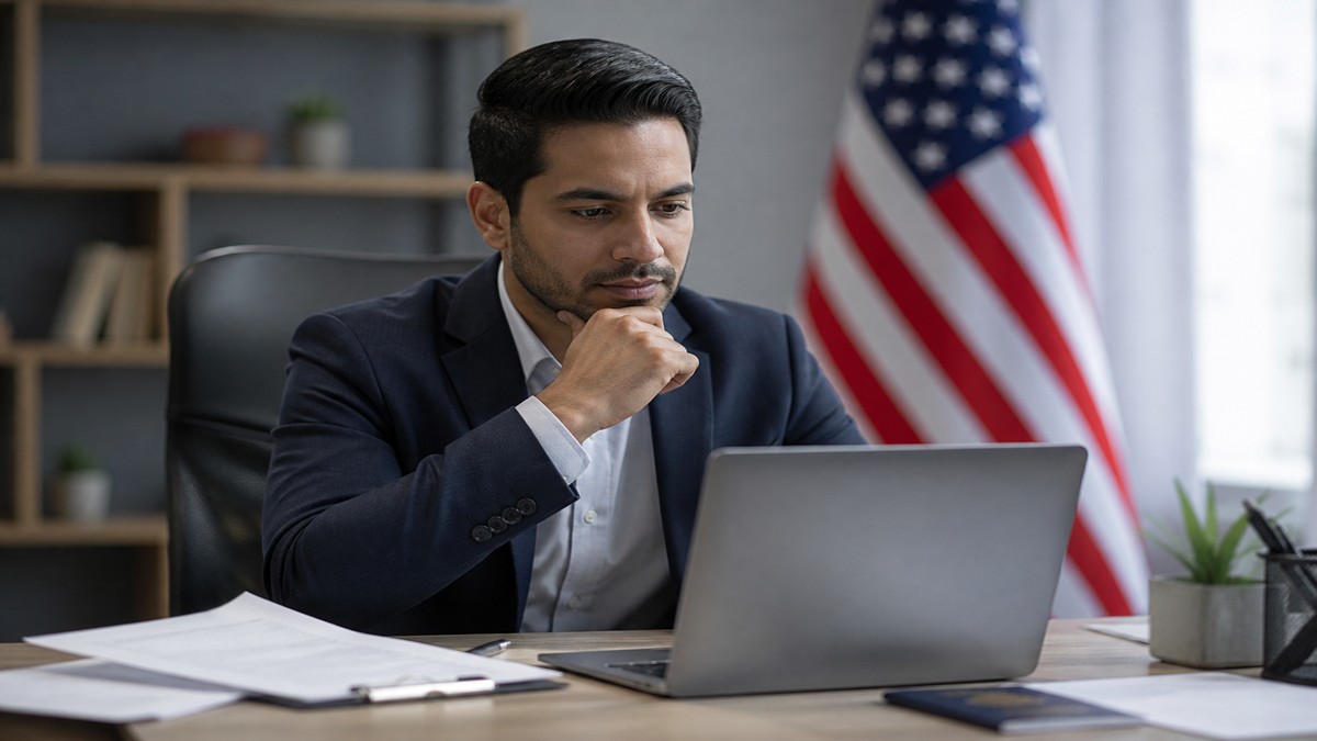 Job seeker reviewing whether to add US residency or work authorization to a resume summary on a laptop