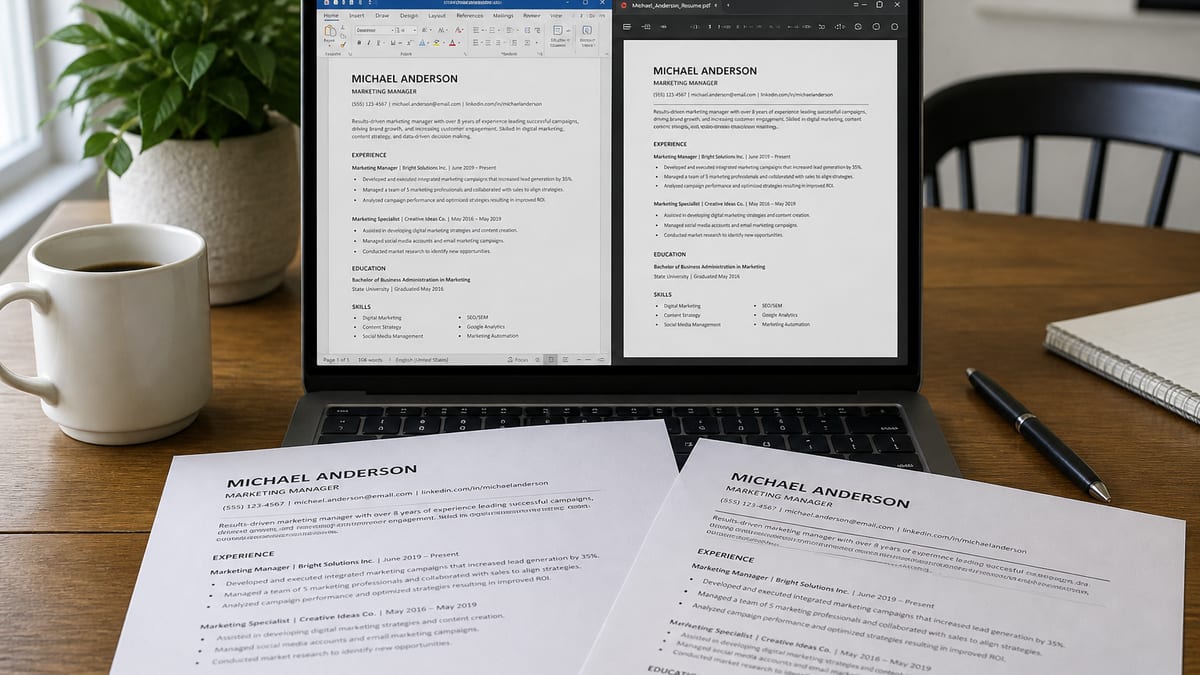 Word document and PDF of the same resume open on a laptop