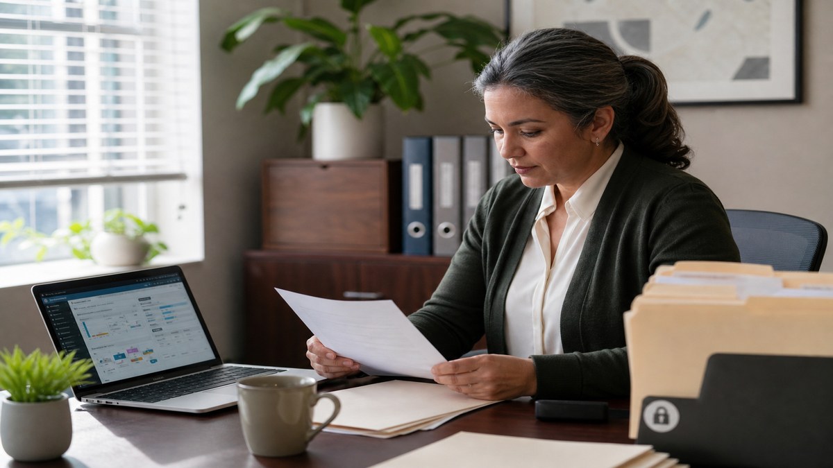 Licensed social worker reviewing a resume at a community mental health clinic desk beside a laptop