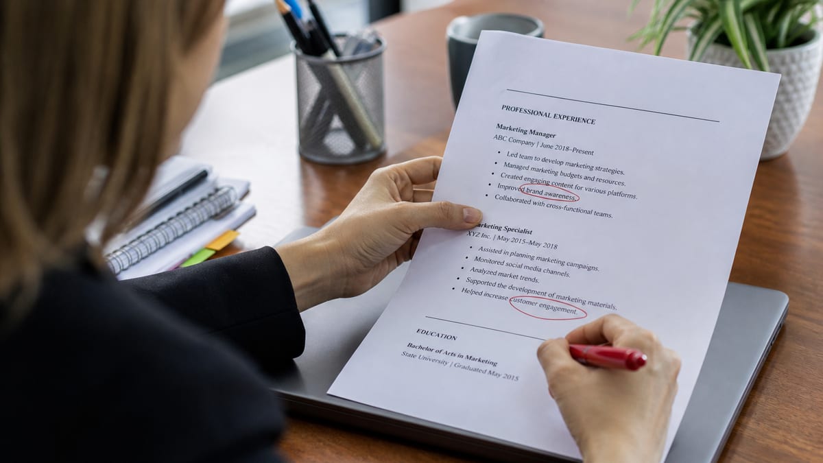 Recruiter marking resume bullet points with a red pen
