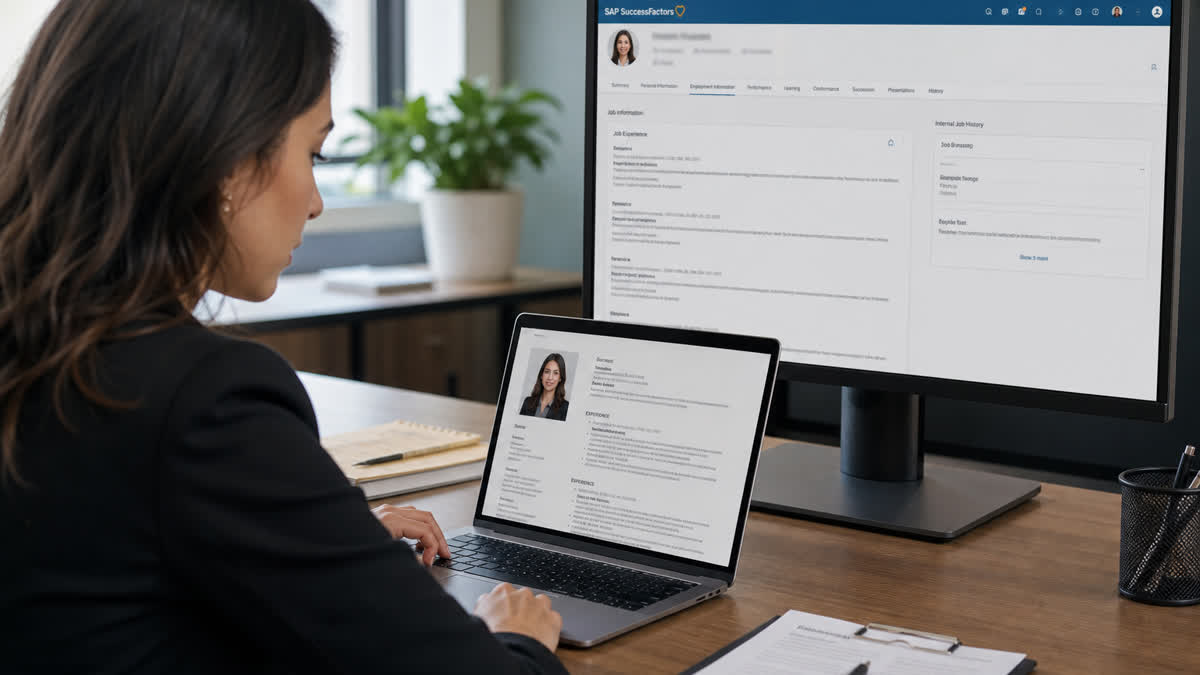 Resume work experience section beside SAP SuccessFactors parsed fields showing merged job titles and scrambled bullet lines