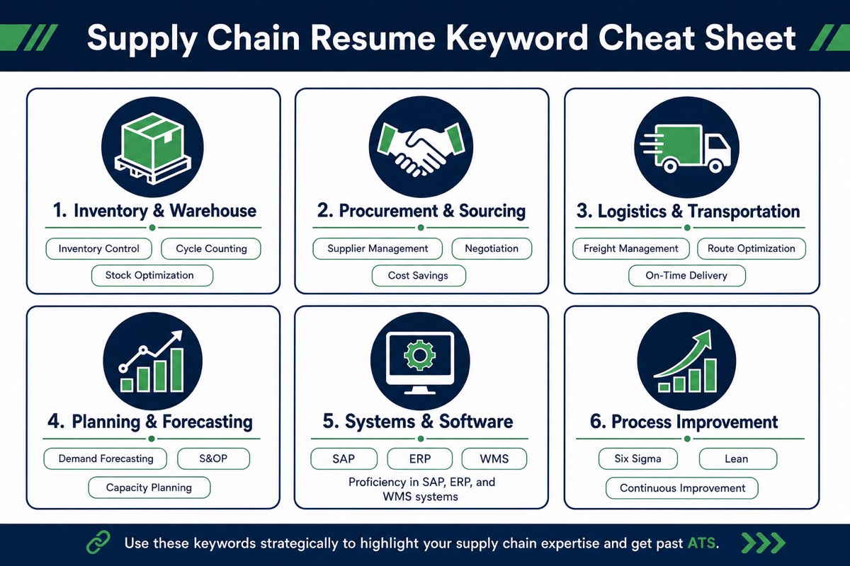Supply chain resume keyword cheat sheet organized into 6 categories: inventory and warehouse, procurement and sourcing, logistics and transportation, planning and forecasting, systems and software, and process improvement