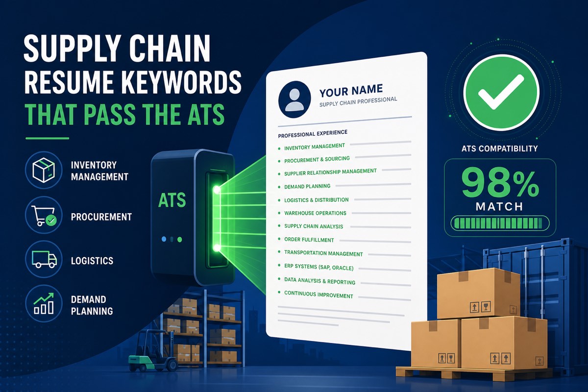 Supply chain resume keywords that pass the ATS: inventory management, procurement, logistics, and demand planning keywords scanned into a 98% match score