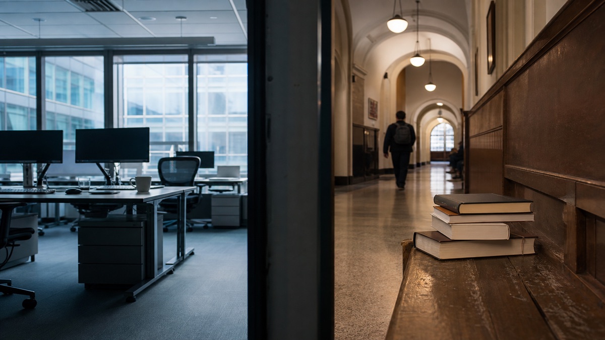 Quiet tech office beside a university hallway stacked with books