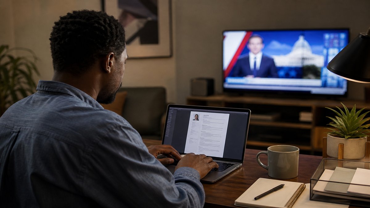Professional updating a single-column resume on a laptop with news headlines about hiring trends in the background