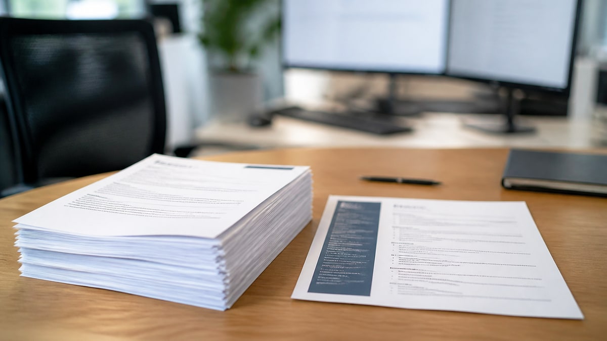 Side-by-side comparison of a one-page US resume and a multi-page UK CV on a recruiter desk with Workday and Greenhouse logos blurred in background