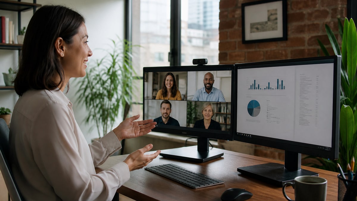 Professional working from a home office during a video call with dual monitors and natural light, representing hybrid remote work in 2026