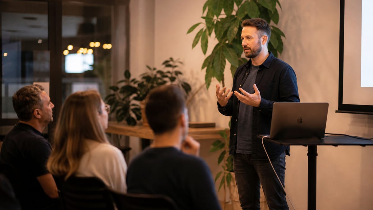 Speaker presenting at a small professional meetup with a laptop
