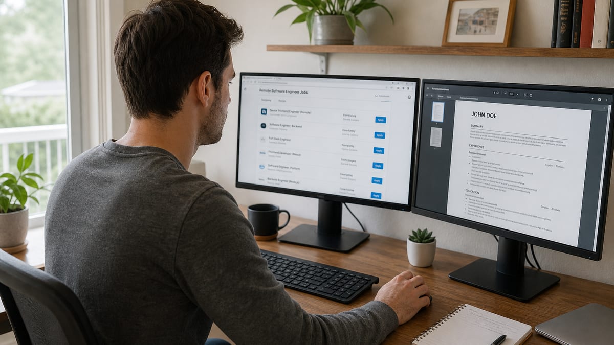 Home office dual monitors with a resume PDF during a remote job search