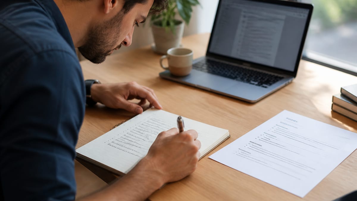 Writer drafting a single-column resume from handwritten notes
