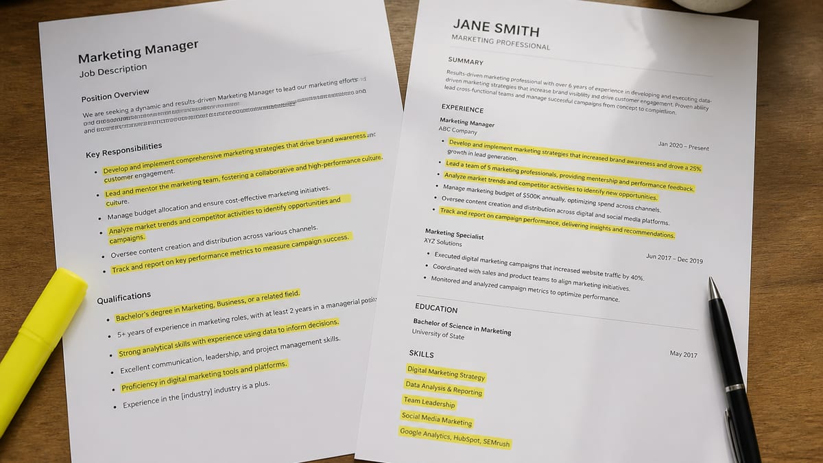 Highlighted job description beside a printed resume on a wooden desk