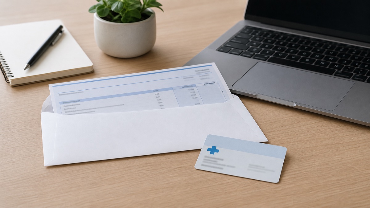 Pay stub envelope and benefits card beside a laptop