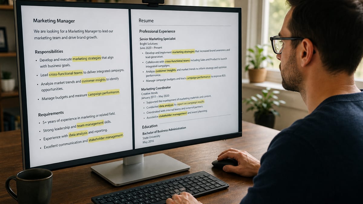 Monitor showing a job posting next to a resume being tailored