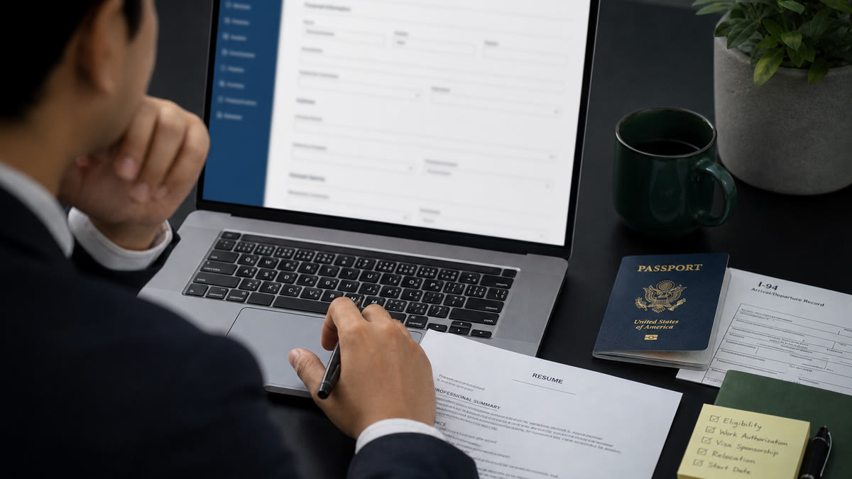Job applicant reviewing US work authorization questions on a laptop beside passport documents and a printed resume