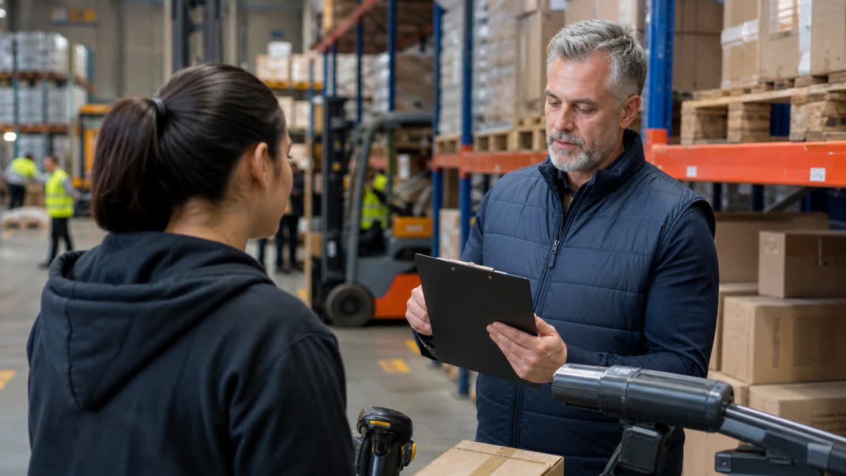 Warehouse supervisor reviewing a resume beside pallet racks forklift and inventory scanner in a US distribution center