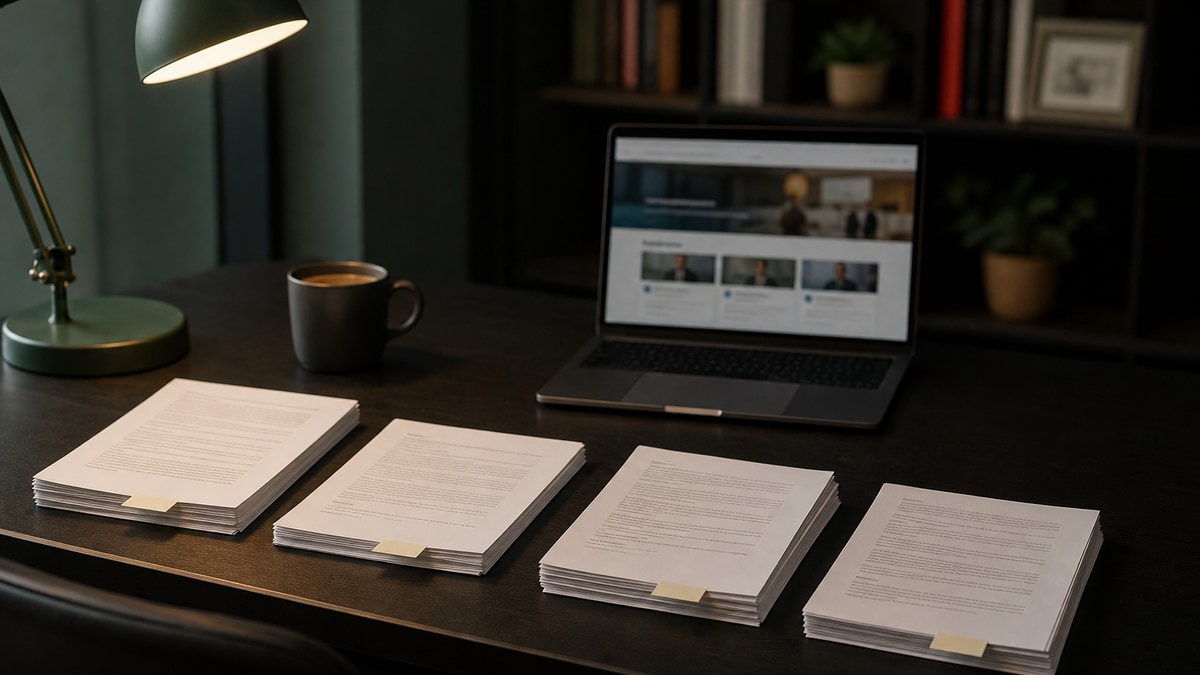 Four labeled document stacks on a desk comparing application letter, cover letter, motivation letter, and statement of interest